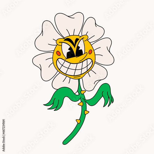 Retro style Funny cartoon daisy flower with a menacing, carnivorous smile. Gr...
