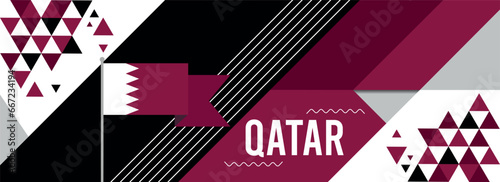  Qatar national or independence day banner design for country celebration. Flag of Qatar with modern retro design and abstract geometric icons. Vector illustration.