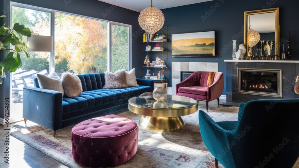 Fototapeta premium Living room decor, home interior design . Art Deco Mid-Century Modern style with Fireplace decorated with Velvet and Brass material . Generative AI AIG26.