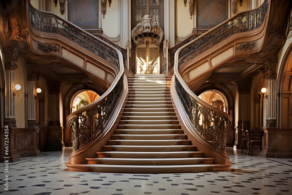 Staircase in the Royal Palace in Prague, Czech Republic. - obrazy, fototapety, plakaty 