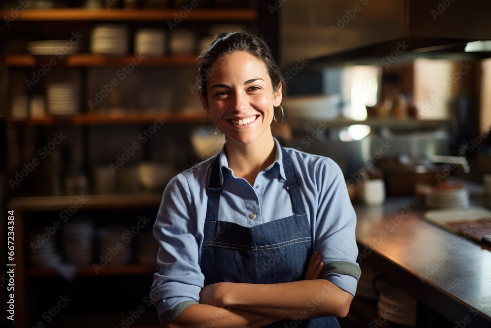 Fototapeta premium Young female chef standing in the kitchen