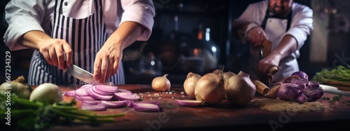 Man hand chopping onions on a board. photo