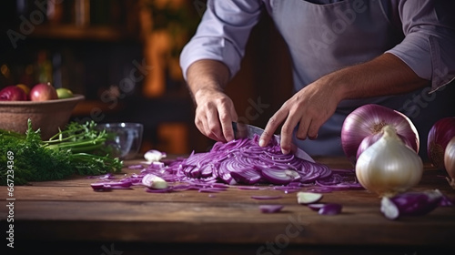 Man hand chopping onions on a board.