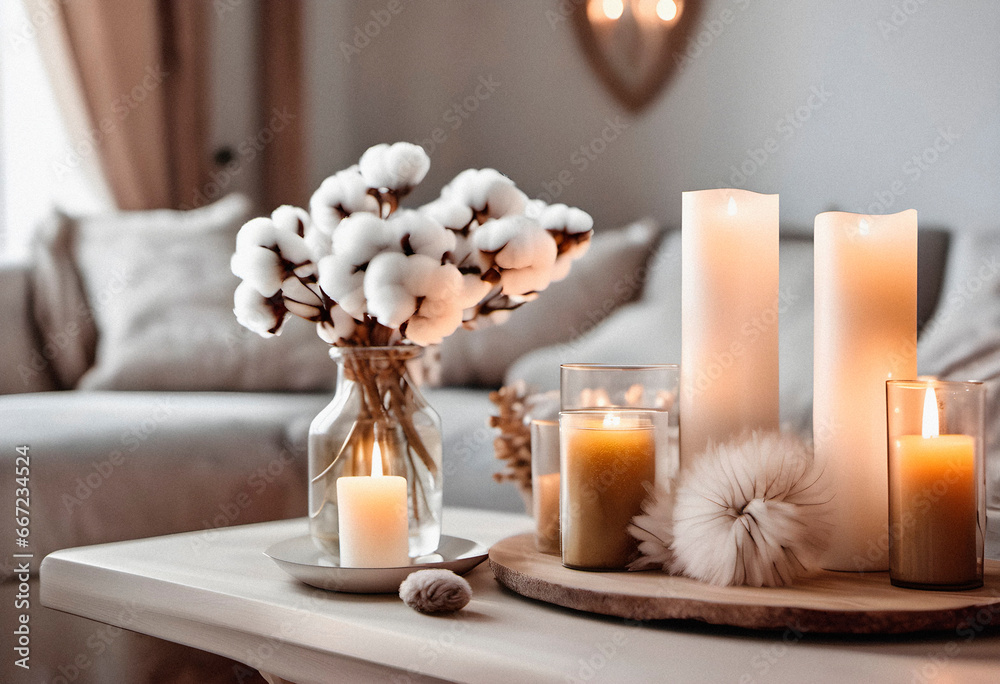 Candles and cotton flowers in vase on table in living room. AI generated.