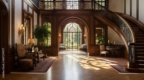 Panoramic view of a luxury hotel lobby with arched windows and wooden stairs