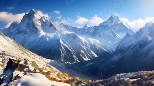 Panoramic view of snow-capped mountain peaks. Caucasus, Russia