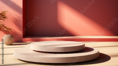 Modern podium display with shadows, set in a warm-toned room with a decorative plant