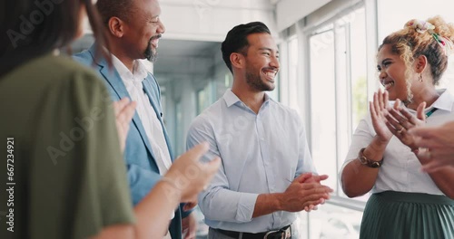 Business people, applause and congratulations for employee promotion, celebration or sale at the office. Happy corporate staff clapping for company growth, collaboration or teamwork at the workplace photo