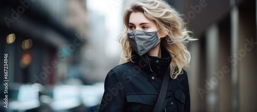 Masked young woman walking outdoors