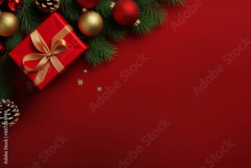 Merry Christmas banner with blank space for text, top view, red background, giftboxes, fir tree branches, red ornaments