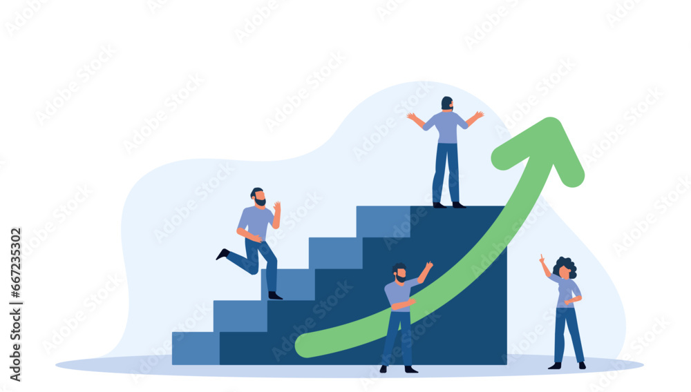 Group of people standing on top of a staircase with arrow going up. People smiling and looking up at the arrow. People are working together to achieve a common goal. Vector flat illustration Group of people standing on top of a staircase with arrow going up. People smiling and looking up at the arrow. People are working together to achieve a common goal. Vector flat illustration