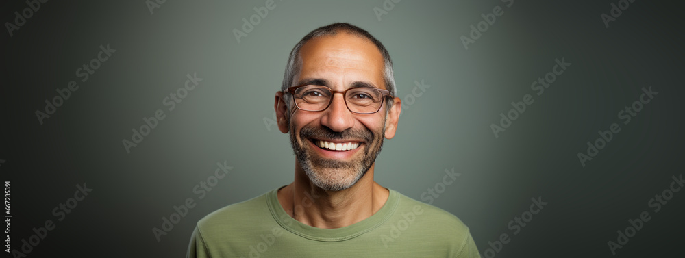 Studio headshot portrait of smiling middle aged man with gray hair, beard, and glasses, wearing casual green shirt Studio headshot portrait of smiling middle aged man with gray hair, beard, and glasses, wearing casual green shirt