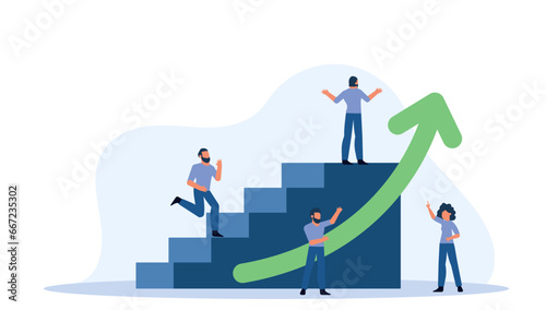 Group of people standing on top of a staircase with arrow going up. People smiling and looking up at the arrow. People are working together to achieve a common goal. Vector flat illustration © GOLDMAN