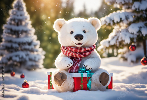 Festive Polar Bear Delivers a Gift in Snowy Woodland