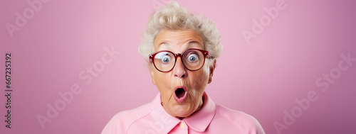 Studio portrait of elderly granny wearing glasses, pink background, shocked and surprised expression photo