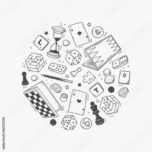 set of hand-drawn board games. sketch doodle of chess, checkers, go, dominoes, playing cards, scrabble, backgammon isolated on background.