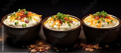 Loaded Baked Potato Soup with Sour Cream Cheese Bacon and Chives Creamy potato soup with garnish photo