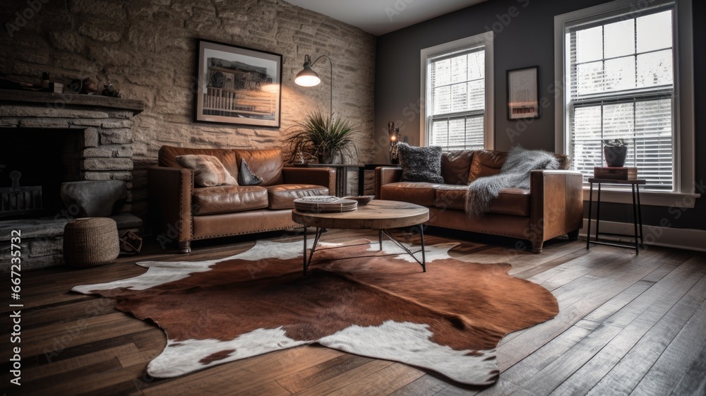 Naklejka premium Living room decor, home interior design . Rustic Industrial style with Stone Fireplace decorated with Leather and Metal material . Generative AI AIG26.