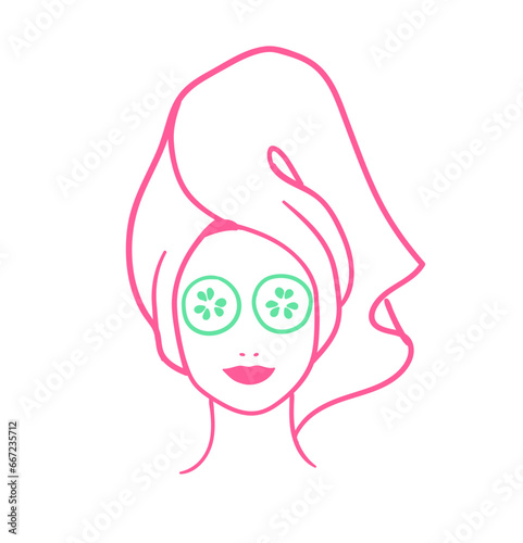 Vector illustration of woman head with hair towel and cucumber slices mask