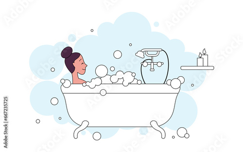 National Bubble Bath Day. Young woman in bathtub with bubbles. Skincare, pleasure, relaxation. 
