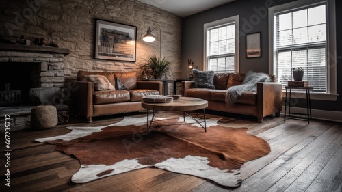 Living room decor, home interior design . Rustic Industrial style with Stone Fireplace decorated with Leather and Metal material . Generative AI AIG26. photo
