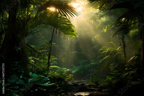 Panoramic view of tropical rainforest with sunbeams shining through the leaves