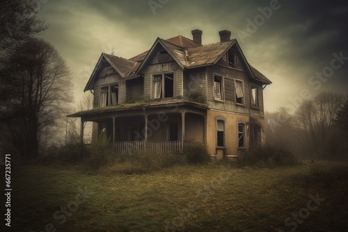 Creepy house with a timeworn appearance and mysterious aura. Generative AI