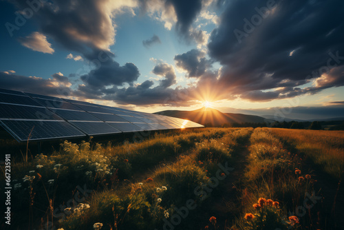 Solar panels glistening in the sunlight with nature background, show the harmony between nature and technology on International Day of Clean Energy (04th January) photo