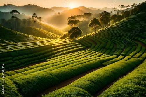 Sunrise view of tea plantation landscape 