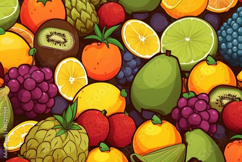 A cartoon image of fruit as a background frame texture. Generative AI © Melisande