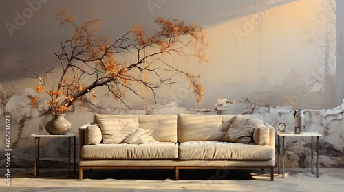 Sofa with autumn plants soft and subtle and mysterious colors