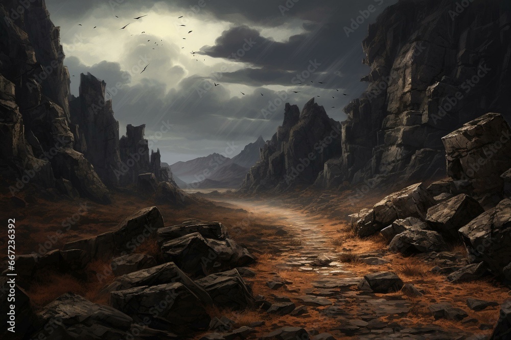 A dark pathway winding through a stormy savannah landscape with rocky cliffs and stones. Generative AI - obrazy, fototapety, plakaty 