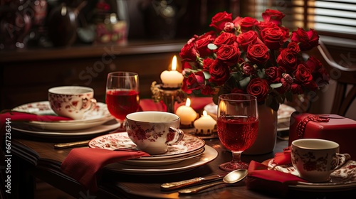 A table setting with red roses for a couple for Valentine's Day