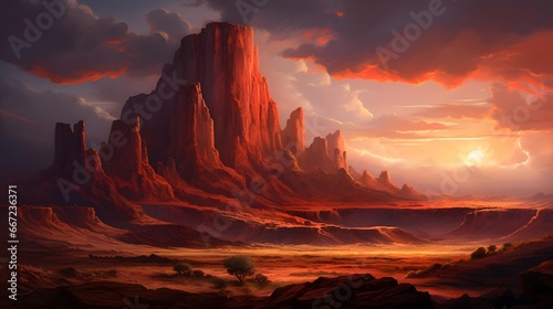 Fantasy alien planet. Mountain and sunset. 3D illustration.