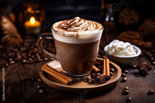 A deliciously inviting cup of mocha coffee topped with fluffy whipped cream and a dusting of cocoa powder in a quaint cafe setting