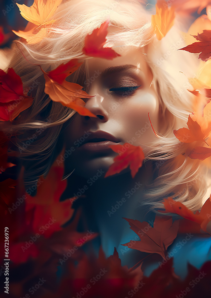 Fototapeta premium Artistic portrait illustration of a beautiful woman surrounded by autumn flowers. Surrealistic image of a stunning dreamy woman in digital artwork.