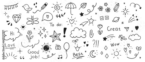 Cute Doodle pen line elements. Heart, bubble, doodle, arrow, star, icon, shiny ornaments set. Simple drawing in line style sketch, attention, lettering, text, pattern elements. Vector illustration.