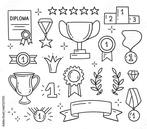 Awards, champion, winner doodle set. Trophy cups, medals, orders, winner's flag, ribbon. First place elements. hand drawn doodles.