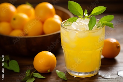 A tantalizing citrus delight: homemade kumquat lemonade served on a rustic wooden table in warm sunlight