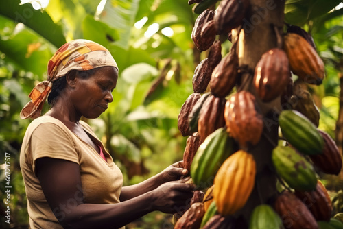 Cocoa picker, woman working in jungle, harvesting cacao fruit from tree. Generative AI