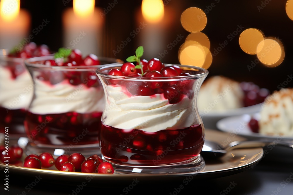 Luscious cranberry dessert layered in glass cups with a backdrop of warm lights Luscious cranberry dessert layered in glass cups with a backdrop of warm lights