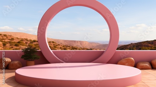 Modern pink structure frames desert landscape vista