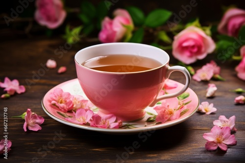 A soothing moment with a hot cup of Jasmine Rose Tea amidst fresh flowers on an old wooden table