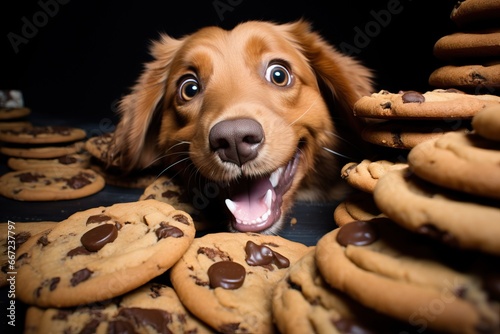 Excited dog with wide eyes tempted by an array of chocolate chip cookies
