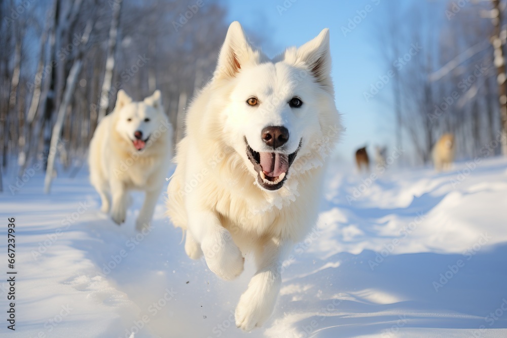 Energetic white dogs joyfully sprint through a snowy landscape, capturing the essence of winter play
