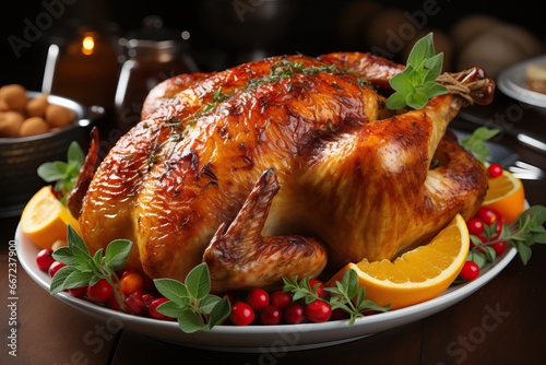 Juicy roasted turkey garnished with herbs and citrus, ready for a festive celebration