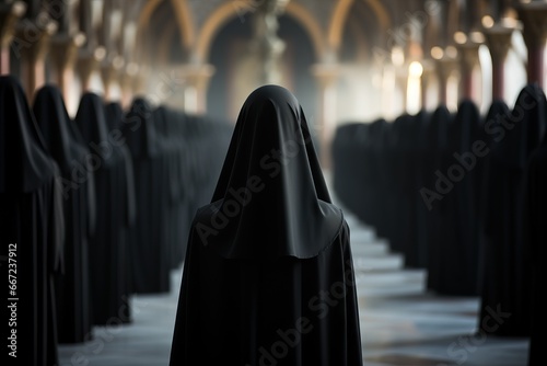 Solitary nun stands amidst rows of veiled figures in serene cathedral setting