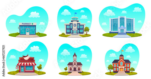 Set of cartoon buildings  hospital  pharmacy  school  cafe  police station  church  isolated on white  
