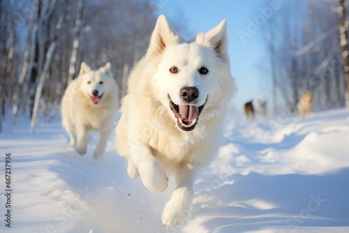 Energetic white dogs joyfully sprint through a snowy landscape  capturing the essence of winter play