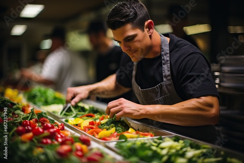 Young chef meticulously prepares fresh vegetables in a bustling kitchen